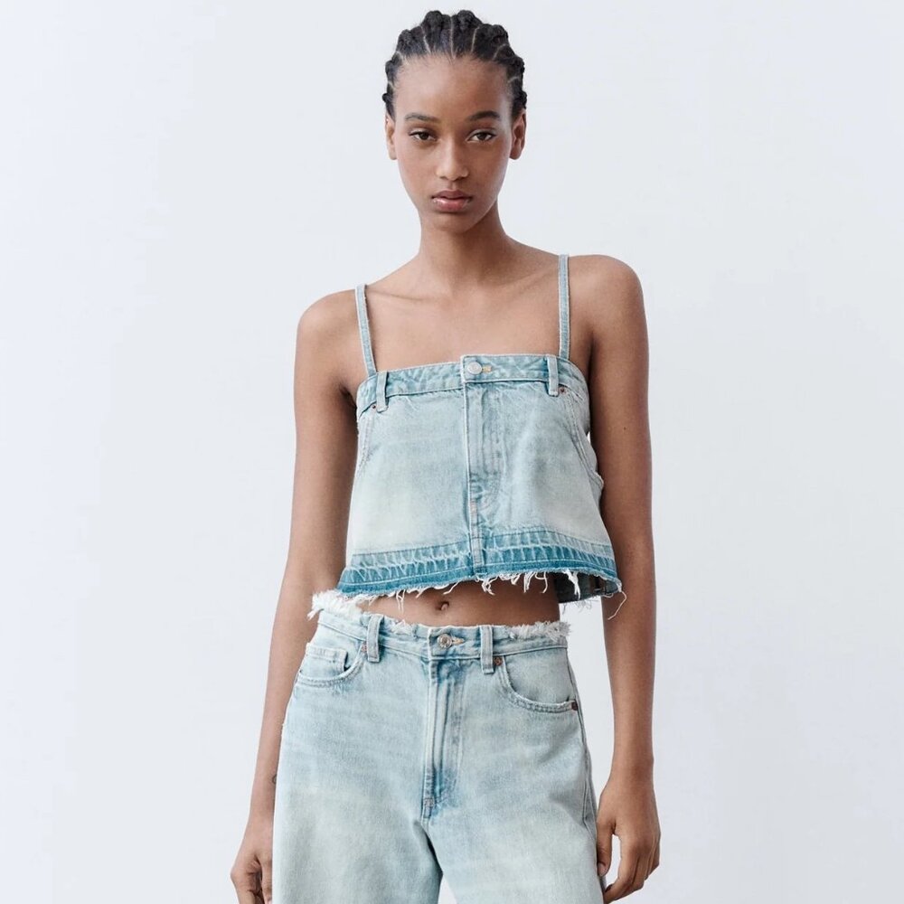NEW! ZARA Denim Distressed Jeans Crop Top